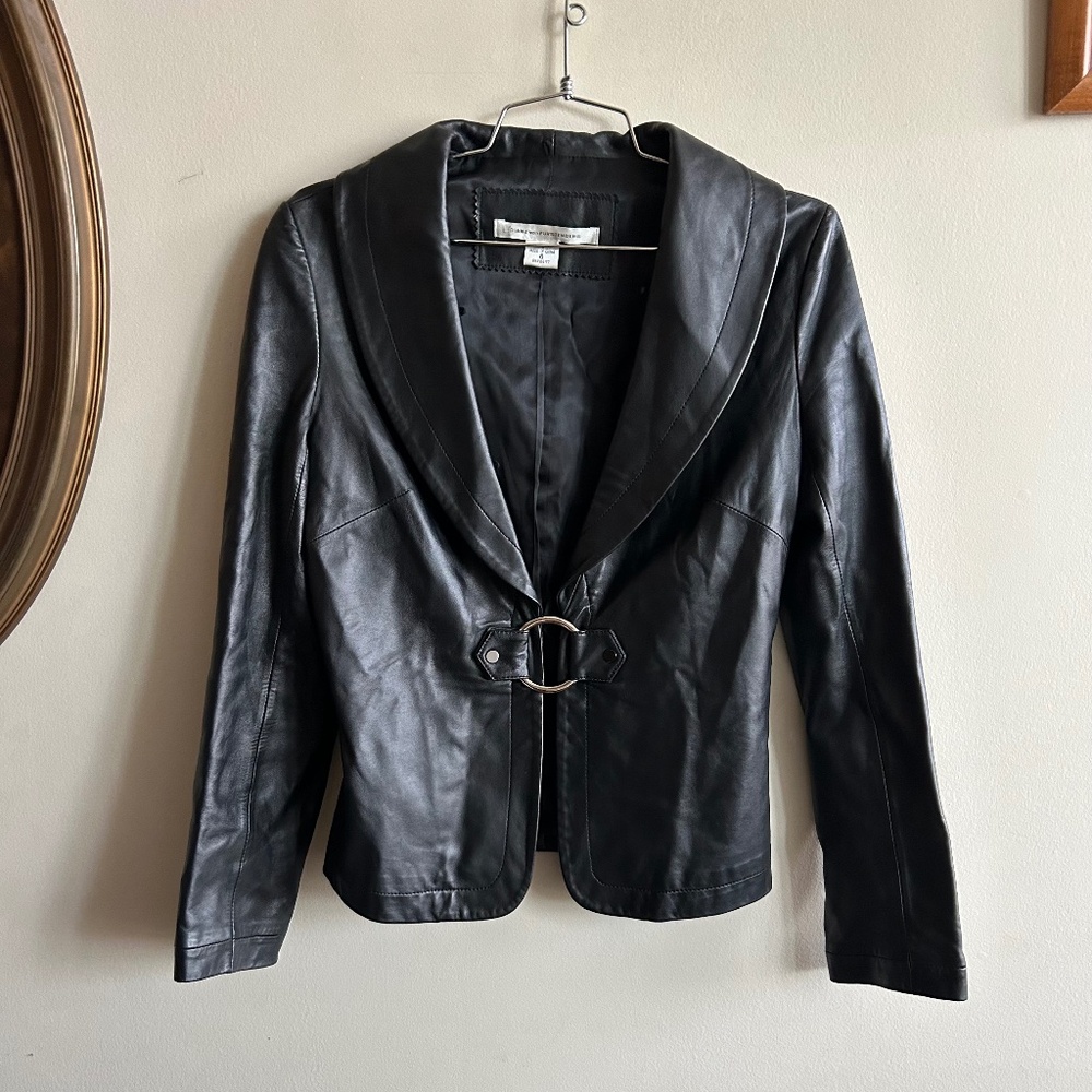 Diane von Furstenberg Black Leather Jacket – Size 6 – 100% Real Leather